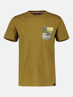 T-shirt met O-hals. Borstafdruk